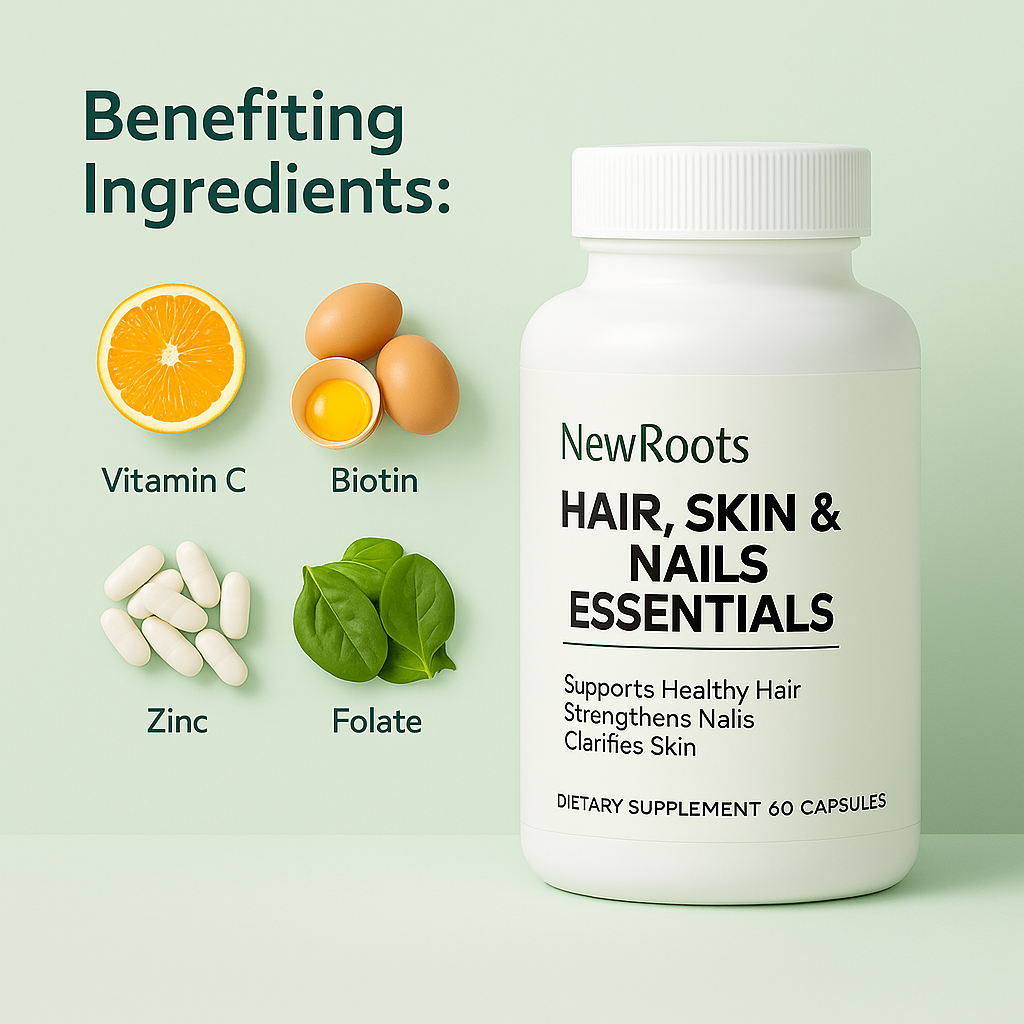 NewRoots Hair, Skin & Nails Essentials – Biotin + Collagen Support Capsules